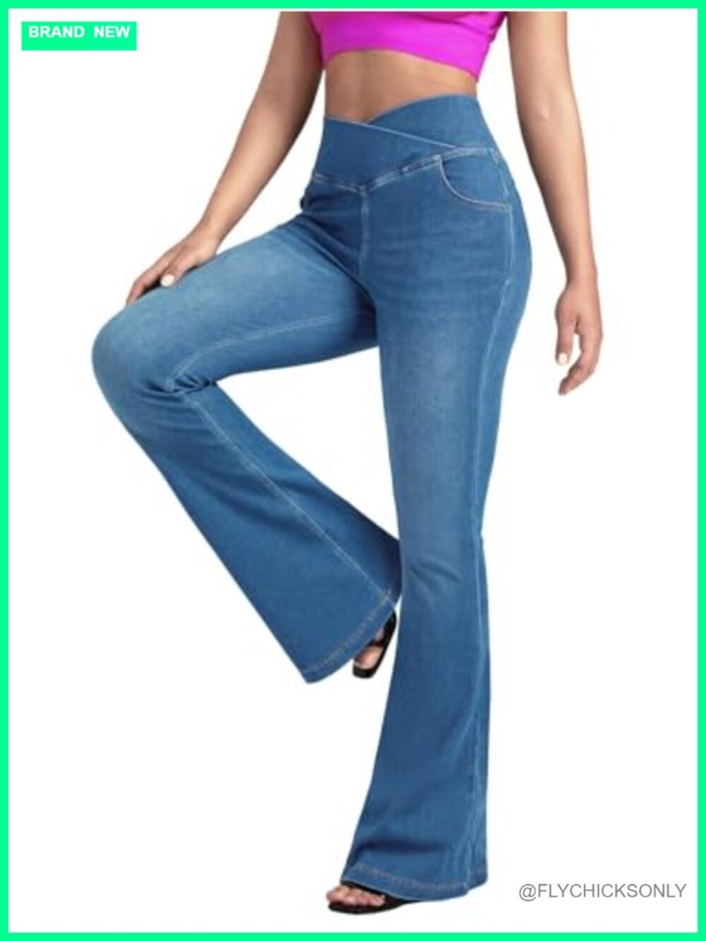 Women's Flare Jeans High Waisted Crossover Stretch Knit Denim